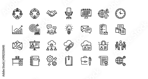 Corporate work icon set with office teamwork networking and management symbols solid vector collection