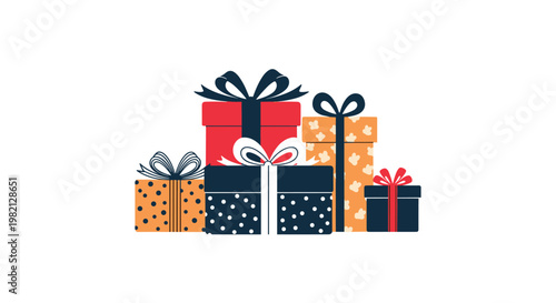 Group of wrapped gift boxes in different sizes and colors with decorative ribbons and bows for birthday, Christmas, or holiday events.