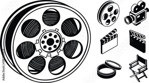 Black and white film reel and cinema icons set including camera clapperboard director chair