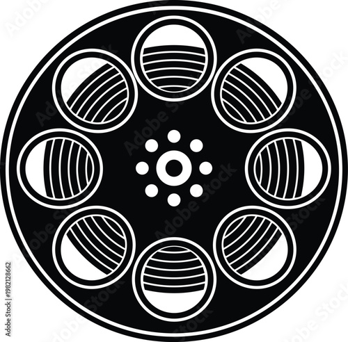 Black and white eight chamber revolver cylinder vector art close up flat line art