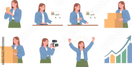Flat style collection of young female entrepreneur working scenes, business woman in office tasks and startup activities vector illustration