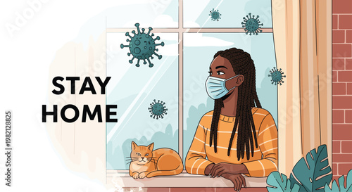 Young woman with braids wearing a face mask and looking out the window with her cat during stay home quarantine for virus safety.