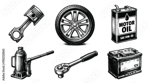 Collection of vintage automotive parts and tools for car maintenance