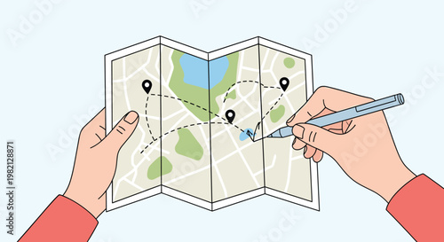 Pair of hands hold a folded paper map and use a blue pen to mark a travel route between several black location pin icons.