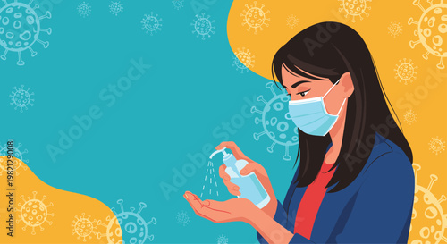 Side profile illustration of a woman wearing a face mask and applying hand sanitizer gel from a pump bottle against a virus backdrop.