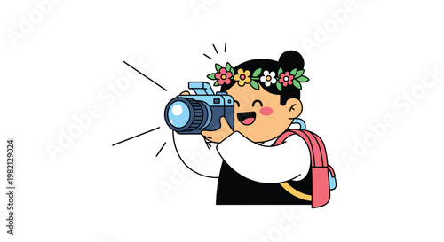 Smiling young girl wearing a flower crown and a pink backpack takes a photograph using a blue camera on a white background.