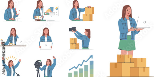 Flat style collection of young female entrepreneur working scenes, business woman in office tasks and startup activities vector illustration