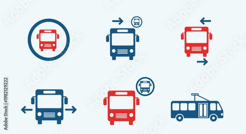 Colorful set of bus and public transportation icons with directional arrows on a bright light blue background.