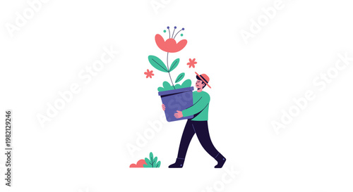 Gardener wearing a hat and green shirt carries a large purple pot containing a tall blooming orange flower with leaves.