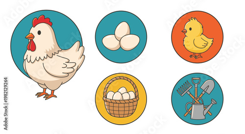 Colorful farm and poultry icons featuring a chicken, eggs, a chick, and farming tools in a bright studio.