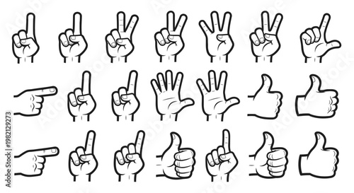 Extensive collection of hand gesture line icons, illustrating various human communication and actions on an isolated white background.