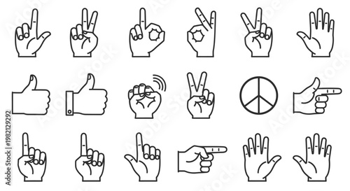 Diverse Hand Gesture Outline Icons Set on Isolated White Background