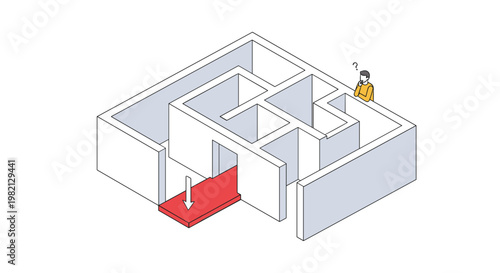 Isometric view of a person standing at the top of a white maze looking confused while a red path indicates the way out.