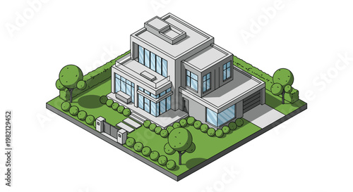 Modern two story isometric house features grey walls large glass windows a garage and a beautiful green garden with trees.