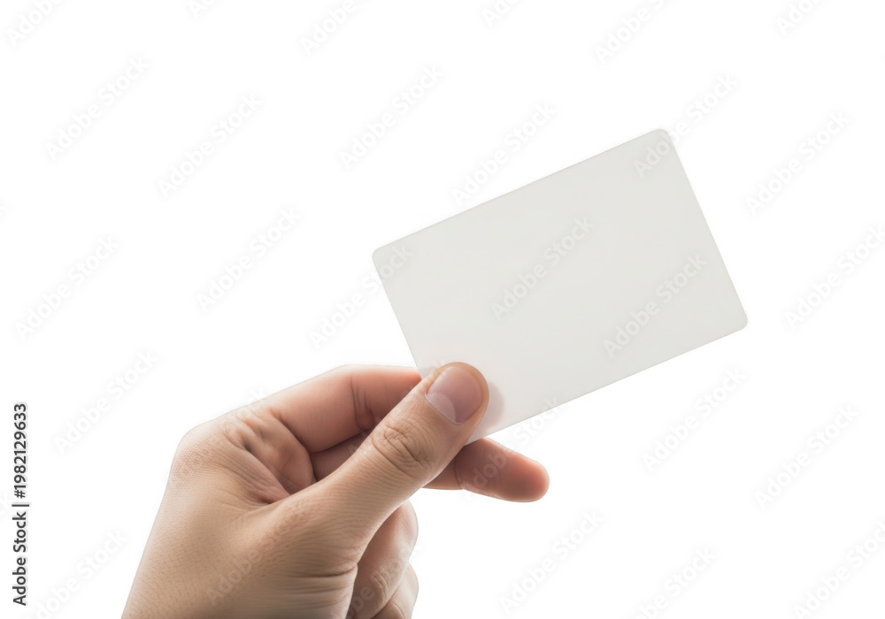 Obraz premium Hand holding a blank white business card isolated on transparent background