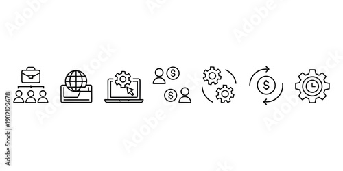 Business process organization chart global network laptop gear cursor people money symbols rotating gears dollar cycle clock gear