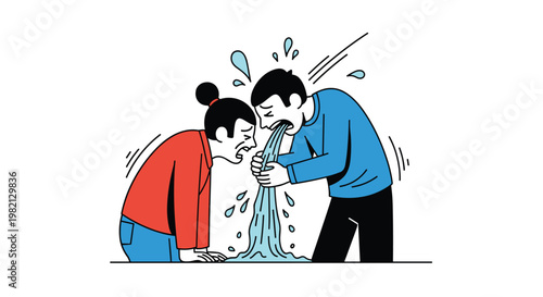 Man and woman crying together with heavy streams of tears flowing from their eyes and mouths to express deep emotional sadness and grief.