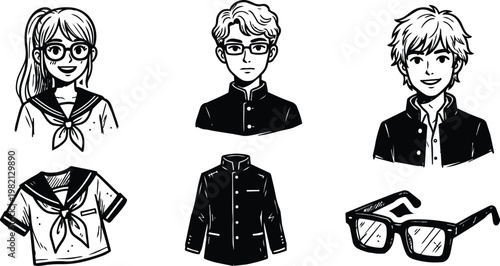 Black and white line art school character heads with sailor top gakuran jacket and glasses
