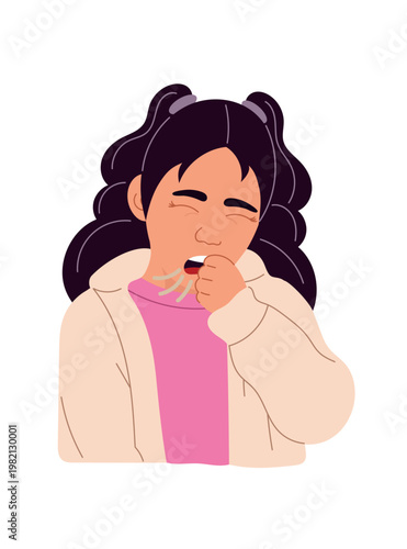 A sick girl coughing into her hand. Cold and flu symptoms, childhood illness, and respiratory infection. Flat vector illustration isolated on white background.