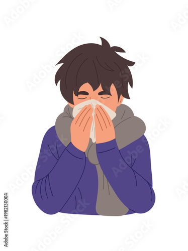 A sick boy sneezes into a tissue, cold and flu symptoms, runny nose, and seasonal illness. Child healthcare concept. Flat vector illustration isolated on white background.