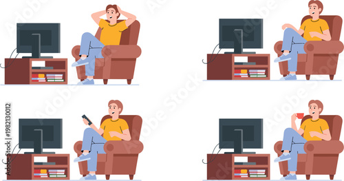 Young man relaxing on armchair watching television with remote control and coffee in flat vector illustration set for home leisure