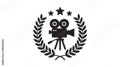 Elegant black film camera icon surrounded by laurel wreath representing cinema awards, filmmaking, video production, and creative media recognition