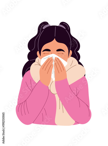 A sick girl sneezes into a tissue. Cold and flu symptoms, runny nose, and seasonal illness. Children's healthcare concept. Flat vector illustration isolated on a white background.