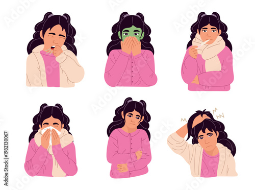 Set of images of sick girls with flu, headache and food poisoning symptoms, childhood diseases collection, healthcare and medicine concept, flat vector illustration isolated on white background.