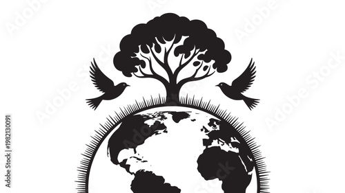 Creative black vector of a tree growing over a globe symbolizing environmental protection, sustainability, global ecology, and earth conservation themes