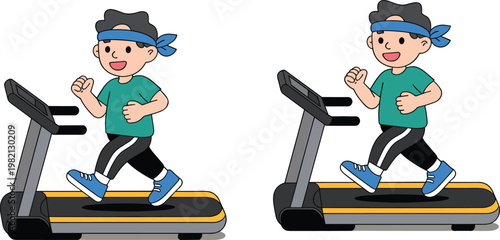 Young man running on treadmill wearing sportswear and blue headband for fitness training and healthy lifestyle gym vector illustration set