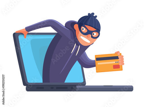 Hacker emerging from laptop stealing credit card, online banking fraud concept, cyber crime, identity theft, phishing attack, data breach flat vector illustration
