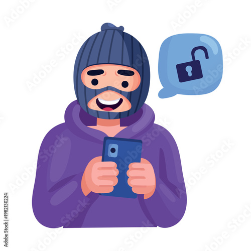 Smiling hacker holding an unlocked smartphone, concept of cybersecurity breach, phishing attack, data theft, online fraud. Flat vector illustration.