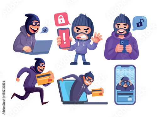 Set of hacker characters performing cyber attacks, phishing scams, data theft and online fraud, cyber security breach concepts with smartphone and laptop, flat vector illustration