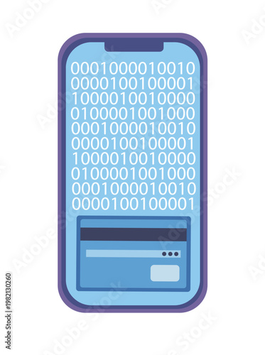 Smartphone screen with binary code and credit card, data theft concept, cyber security breach, online banking fraud, phishing attack, digital privacy risk, flat vector illustration