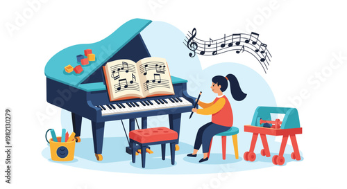Young girl sitting at a blue grand piano and playing music while holding a pencil as toys and musical notes surround her in a creative room.