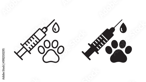 Simple black silhouette of a paw print  with injection representing pets, animals, veterinary care, pet services, and animal-related branding concepts