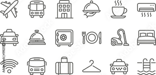 Hotel and Travel Icon Set with Transportation, Hospitality Services, Accommodation, Dining, Cleaning, and Tourism Outline Vector Collection for Booking and Vacation Design