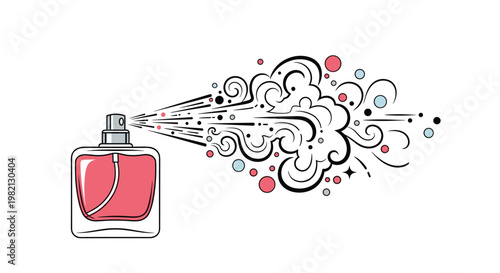 Pink perfume bottle spraying a stylized cloud of fragrance with swirls and colorful dots to represent a pleasant scent or beauty product.