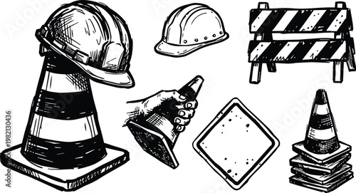 Hand drawn black and white construction safety icons set with cones helmets and barricade