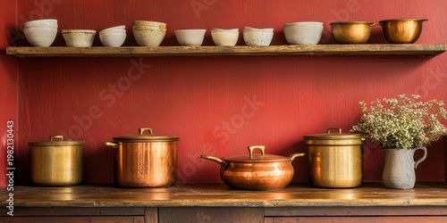 Rustic kitchen decor with copper cookware and bowls home still life warm atmosphere close-up culinary aesthetics