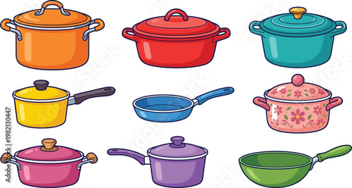 Colorful cooking pots and pans set featuring kitchen cookware, saucepans, casseroles, frying pans in modern flat vector illustration style
