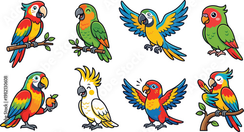 Colorful parrot cartoon set featuring tropical birds, macaw and cockatoo characters, flying and perched poses in vibrant flat vector illustration style