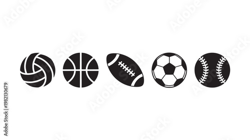 Minimal black vector icon set of various sports balls including basketball, football, and soccer representing athletics, competition, fitness, and recreational sporting activities
