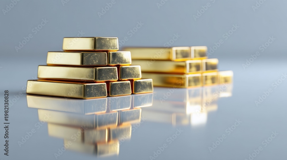 Fototapeta premium Shiny Gold Bars Stacked on a Reflective Surface with Soft Lighting