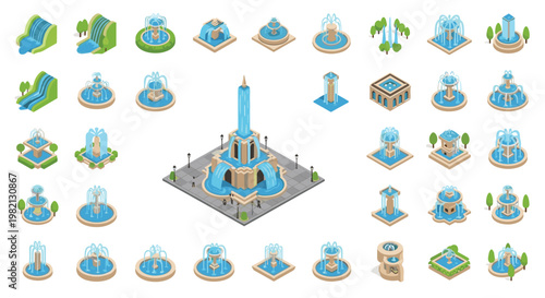 Extensive collection of isometric garden and park fountain icons with various water spray patterns and architectural designs.