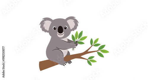 Cute cartoon koala bear sitting on tree branch and holding green eucalyptus leaves to eat on white background.