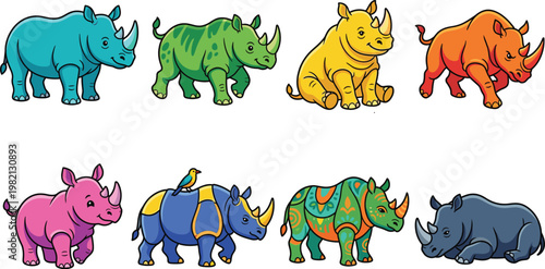 Colorful rhinoceros cartoon set featuring cute rhino characters, wildlife animals in different poses with decorative patterns in vibrant flat vector illustration style