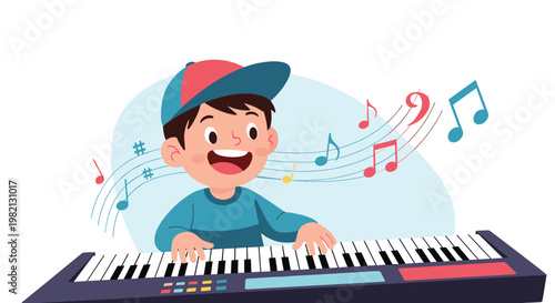 Enthusiastic young boy wearing blue cap playing electronic piano keyboard with colorful musical notes floating around.