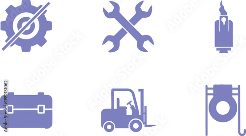 Industrial tools and machinery icons set in a minimalist blue style