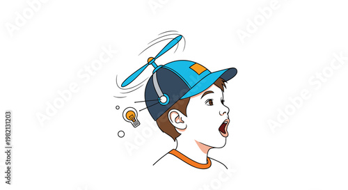 Surprised young boy wearing blue propeller hat with spinning blade and glowing lightbulb idea icon above head.